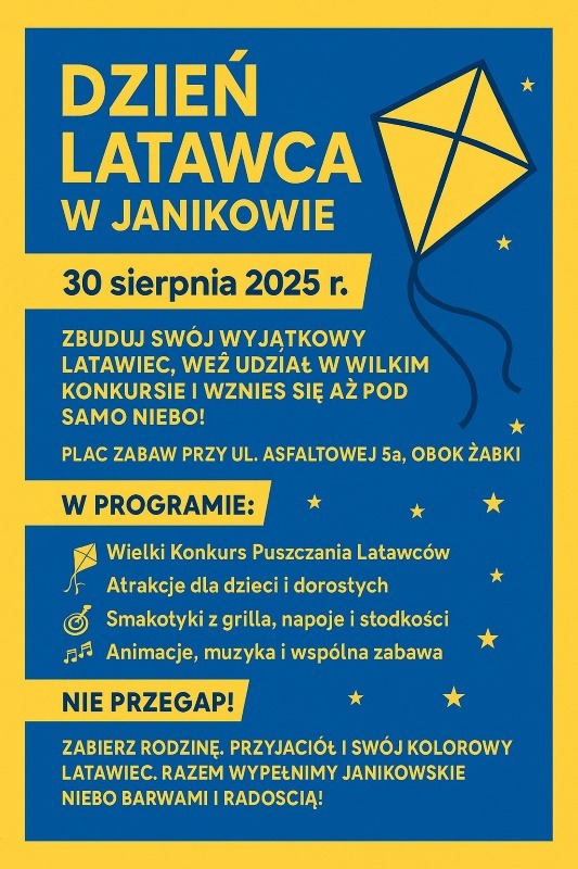 Dzień Latawca w Janikowie 2025 – rodzinny festyn pod chmurką
