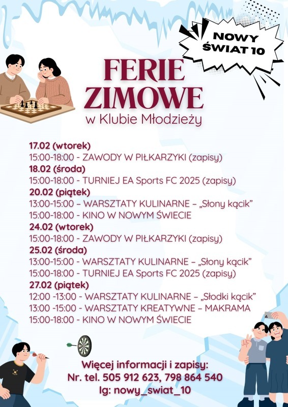 Klub Młodzieży Nowy Świat 10 zaprasza na ferie