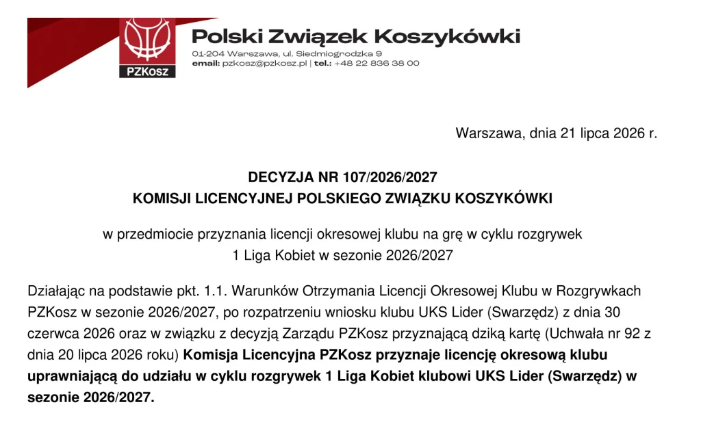 Lider Swarzędz zagra w 1LK w sezonie 2026/27